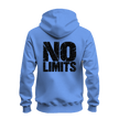 Carolina blue motivational zip hoodie featuring black No Rules front chest artwork and oversized No Limits back design
