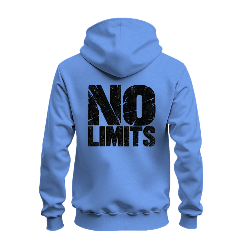 Carolina blue motivational zip hoodie featuring black No Rules front chest artwork and oversized No Limits back design