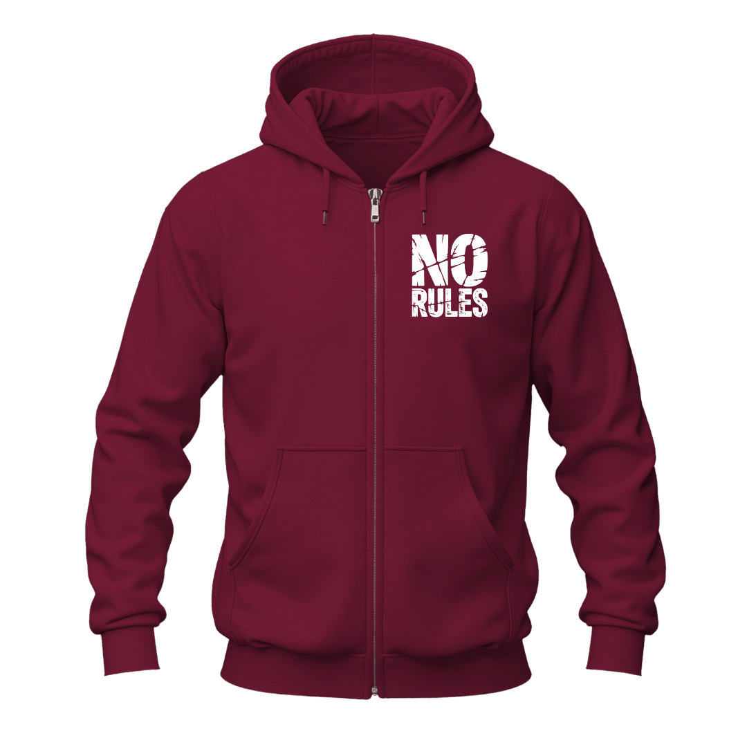 Maroon zip up hoodie front view featuring white No Rules chest lettering and a bold motivational graphic design.