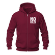 Maroon zip up hoodie front view featuring white No Rules chest lettering and a bold motivational graphic design.