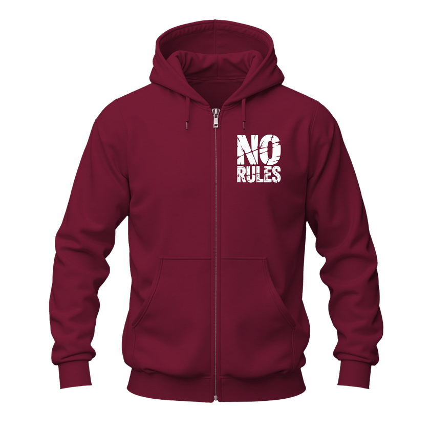 Maroon zip up hoodie front view featuring white No Rules chest lettering and a bold motivational graphic design.
