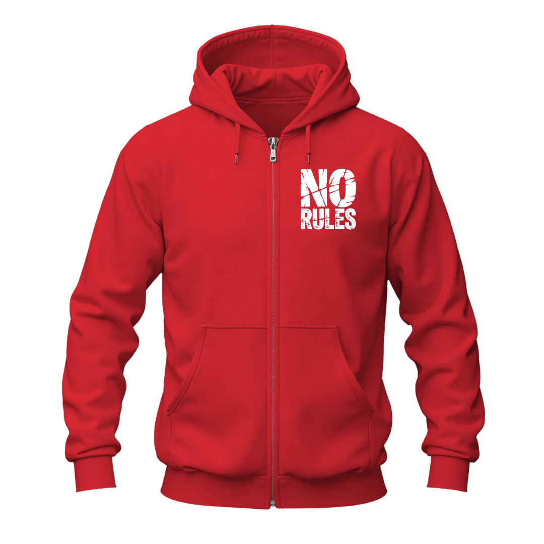 Red No Rules graphic zip hoodie front view with white distressed chest lettering, full zipper and hooded design.