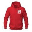 Red No Rules graphic zip hoodie front view with white distressed chest lettering, full zipper and hooded design.