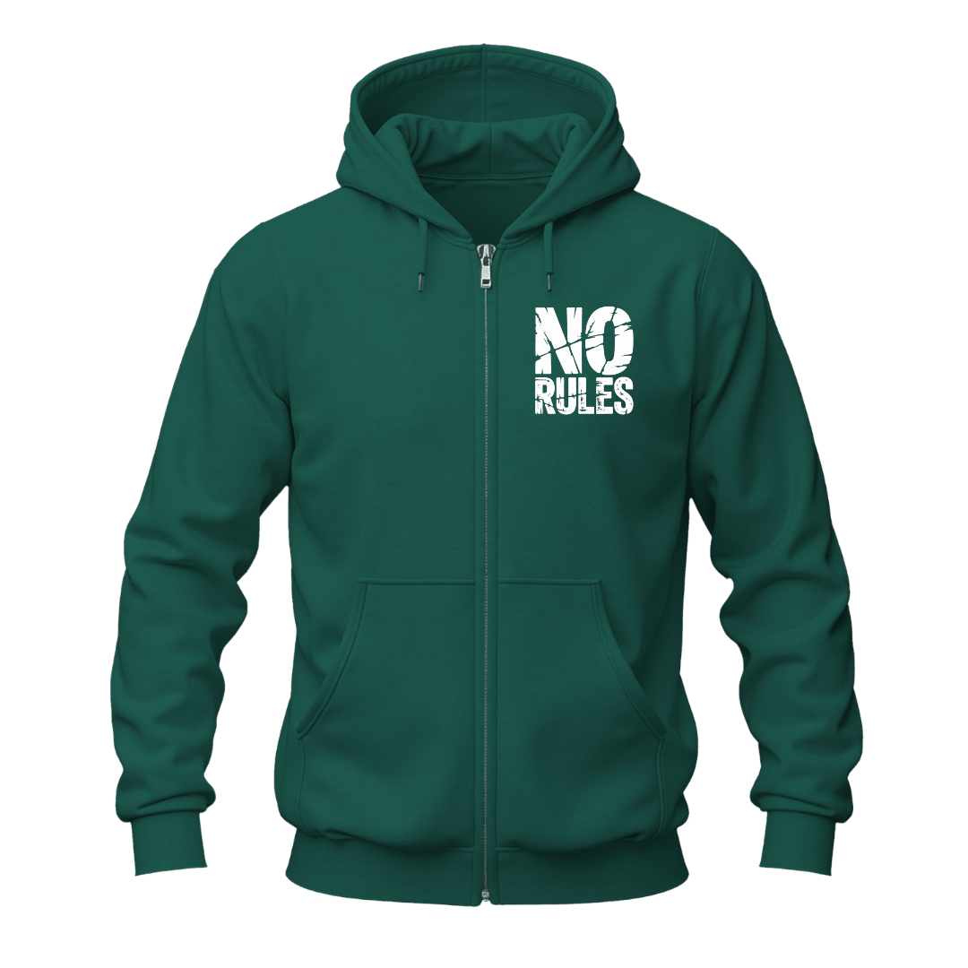 A dark green full-zip hoodie with a white distressed graphic reading 'NO RULES' on the left chest, shown on a plain white background.