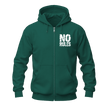 A dark green full-zip hoodie with a white distressed graphic reading 'NO RULES' on the left chest, shown on a plain white background.