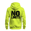A bright neon yellow-green hoodie shown from the back, featuring a large distressed black graphic that reads 'NO LIMITS' across the center. The hoodie is displayed on a clean white background.