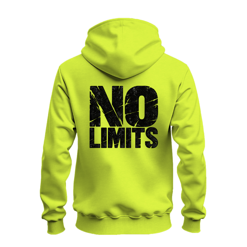 A bright neon yellow-green hoodie shown from the back, featuring a large distressed black graphic that reads 'NO LIMITS' across the center. The hoodie is displayed on a clean white background.