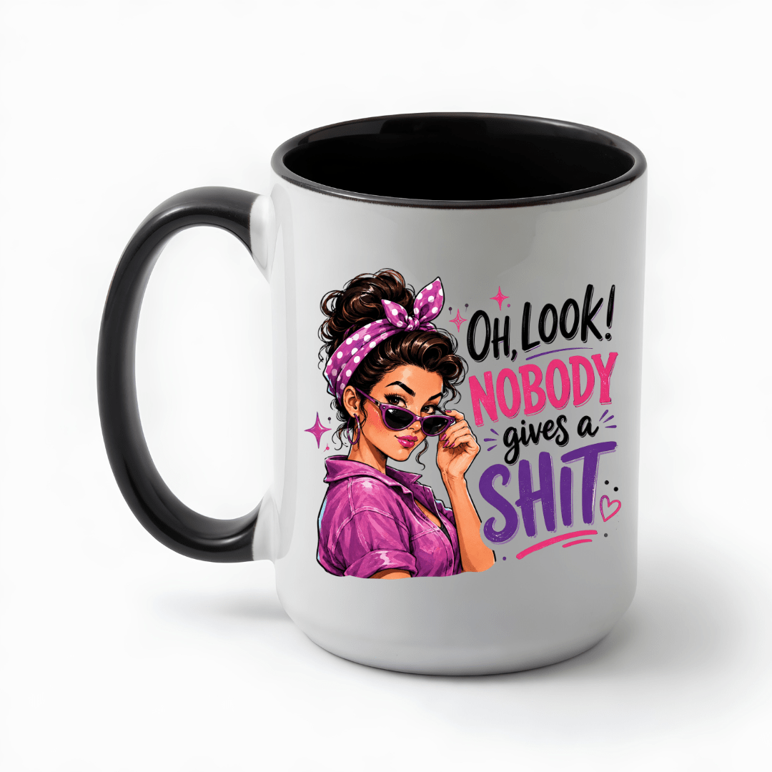 White ceramic sarcastic coffee mug with black handle and interior featuring the Oh Look Nobody Gives a Shit adult humour design.