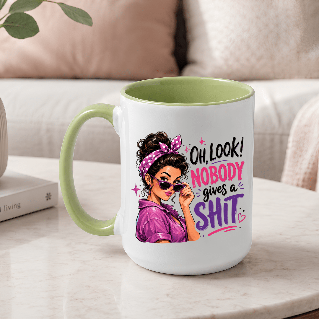 Green handle and interior sassy coffee mug featuring colourful retro woman artwork and adult humour quote