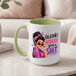 Green handle and interior sassy coffee mug featuring colourful retro woman artwork and adult humour quote
