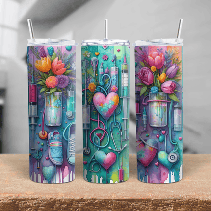 Colorful nurse tumbler featuring flowers, stethoscope, syringes, and medical tools on a 20oz/30oz stainless steel insulated cup.
