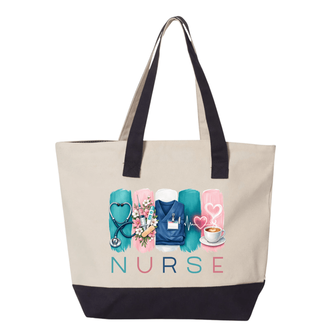 Navy handle nurse tote bag with teal and pink healthcare artwork, stethoscope, nurse scrubs, floral details, and coffee design.