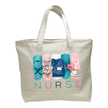 Natural canvas style nurse tote bag with medical themed artwork, heartbeat line, flowers, scrubs, stethoscope, and nurse text.