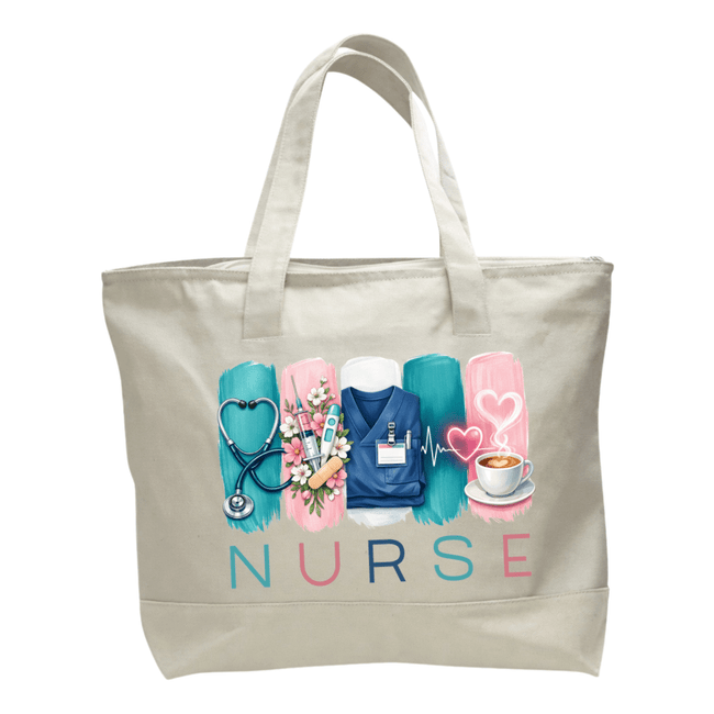 Natural canvas style nurse tote bag with medical themed artwork, heartbeat line, flowers, scrubs, stethoscope, and nurse text.