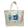Natural canvas style nurse tote bag with medical themed artwork, heartbeat line, flowers, scrubs, stethoscope, and nurse text.