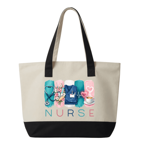 Nurse tote bag with black handles featuring a stethoscope, scrubs, medical tools, flowers, heartbeat line, coffee cup, and nurse lettering.