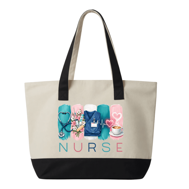 Nurse tote bag with black handles featuring a stethoscope, scrubs, medical tools, flowers, heartbeat line, coffee cup, and nurse lettering.