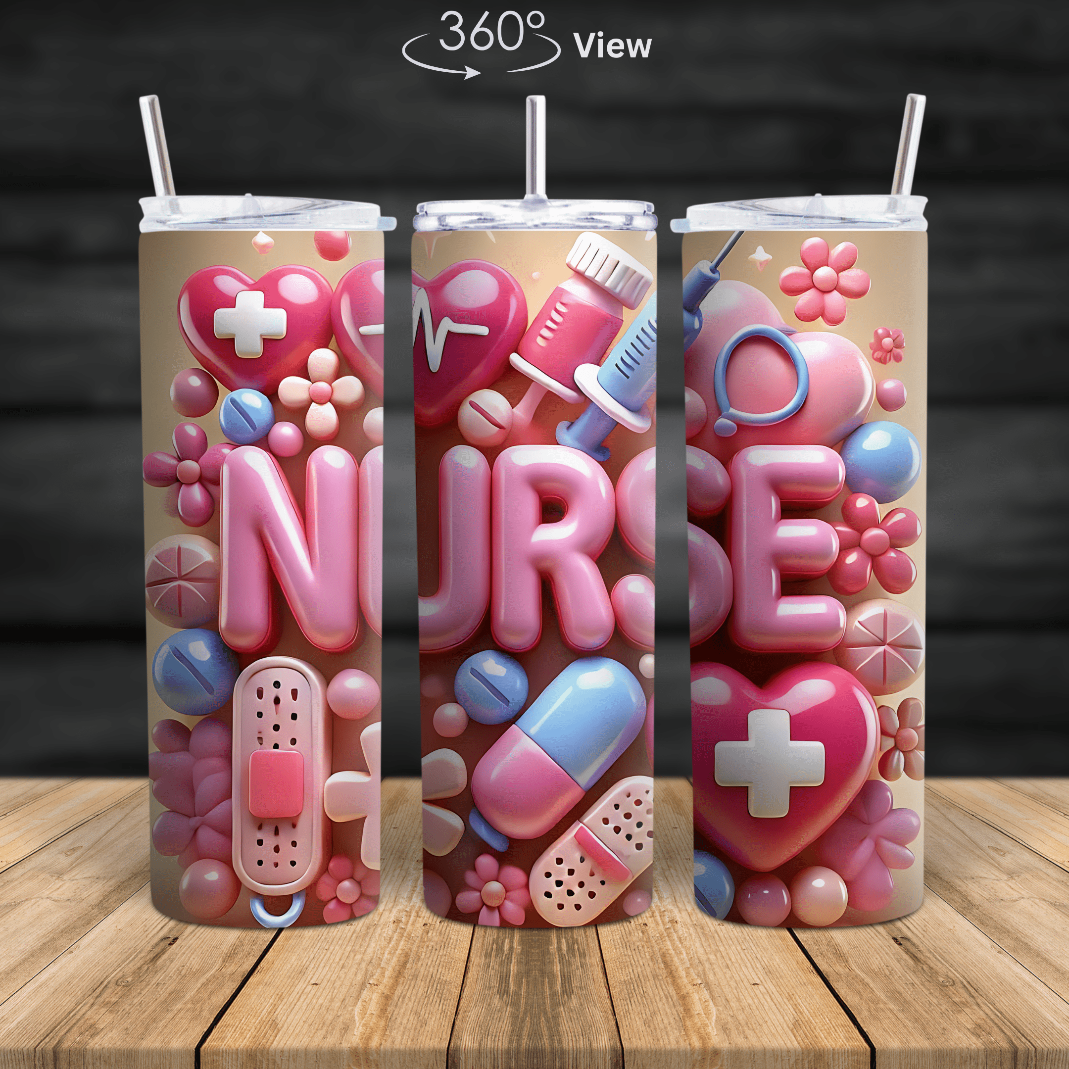 A cute nurse-themed tumbler with pink hearts, pills, bandages, and medical icons, designed for healthcare workers in 20oz and 30oz stainless steel sizes.