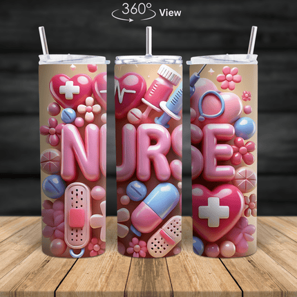 A cute nurse-themed tumbler with pink hearts, pills, bandages, and medical icons, designed for healthcare workers in 20oz and 30oz stainless steel sizes.