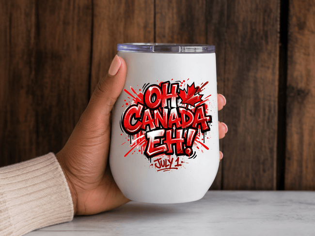 Premium white Canada Day wine tumbler with vibrant red and black patriotic artwork designed for wine, coffee, cocktails, camping and cottage weekends.