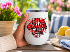 Modern insulated Canada Day tumbler with colorful Oh Canada Eh July 1 graphic on a white stainless steel wine cup ideal for gifts and summer celebrations.
