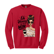 Red crewneck sweater with “Oh Honey I Am That Mom” graphic featuring stylish woman holding coffee