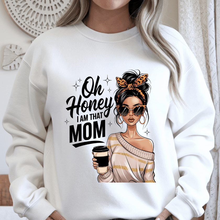 White crewneck sweater with modern mom graphic perfect for everyday casual wear