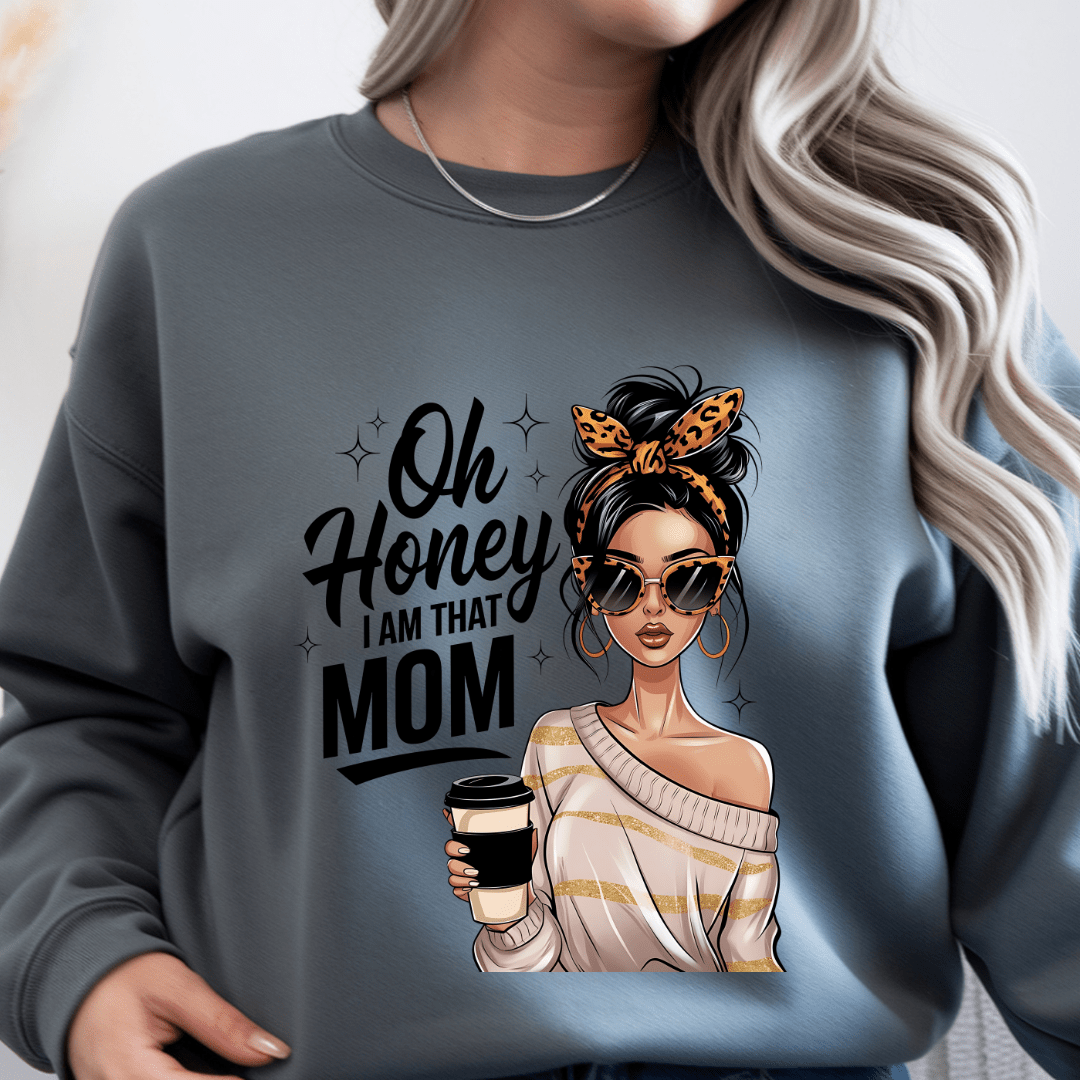 Grey crewneck sweater with bold mom statement graphic in a casual lifestyle setting