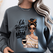 Grey crewneck sweater with bold mom statement graphic in a casual lifestyle setting