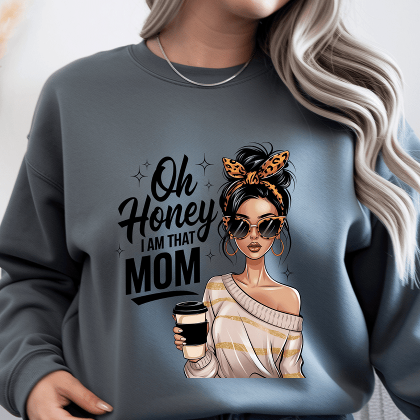 Grey crewneck sweater with bold mom statement graphic in a casual lifestyle setting