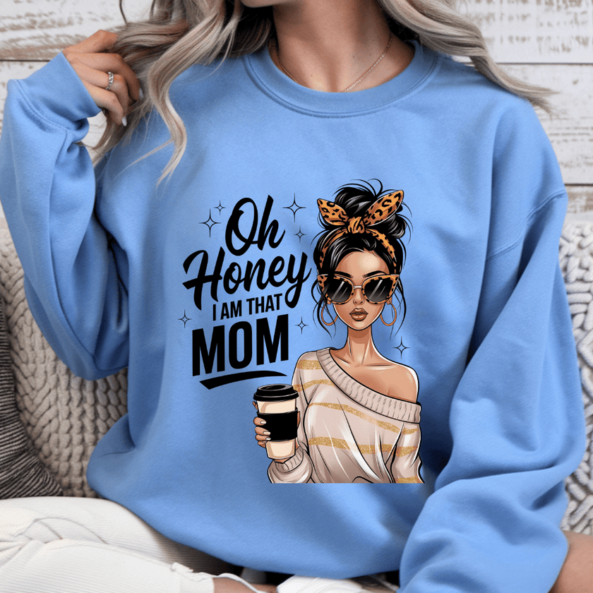 Blue crewneck sweatshirt with stylish mom design featuring woman with sunglasses and coffee cup