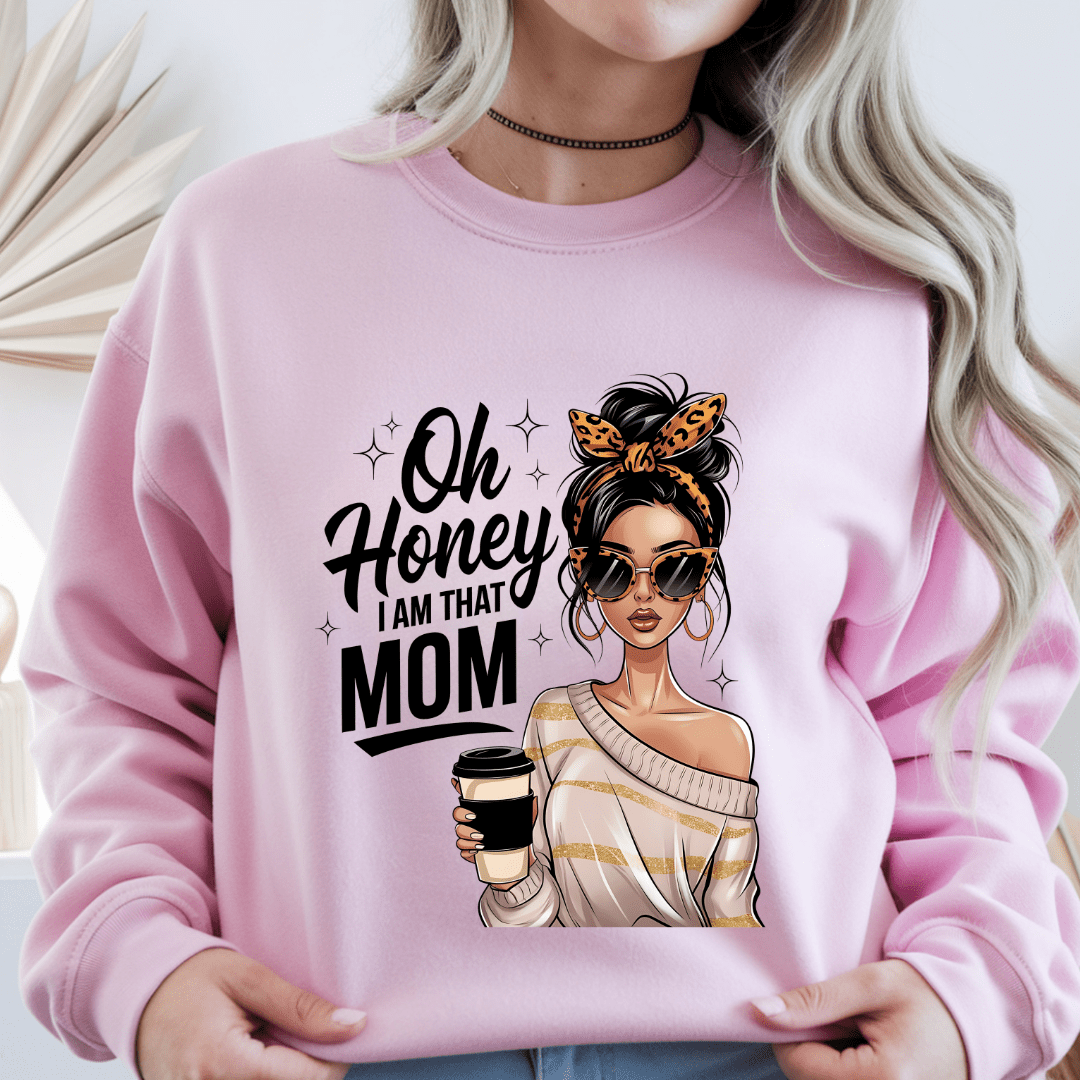 Pink crewneck sweatshirt with trendy mom quote design and fashion illustration graphic