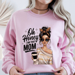 Pink crewneck sweatshirt with trendy mom quote design and fashion illustration graphic