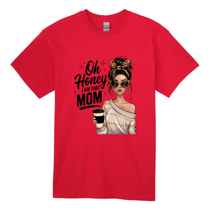 Red that mom t-shirt with confident woman design and coffee cup graphic