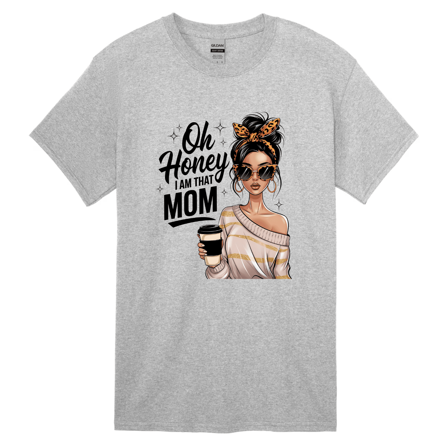 Grey mom graphic t-shirt with trendy illustration and bold typography