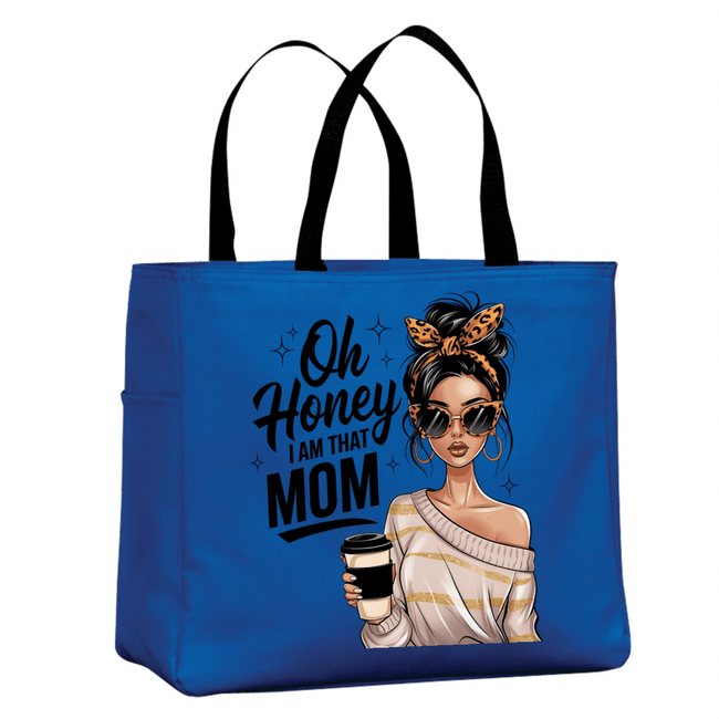 Royal  Blue tote bag with Oh Honey I Am That Mom design trendy reusable bag