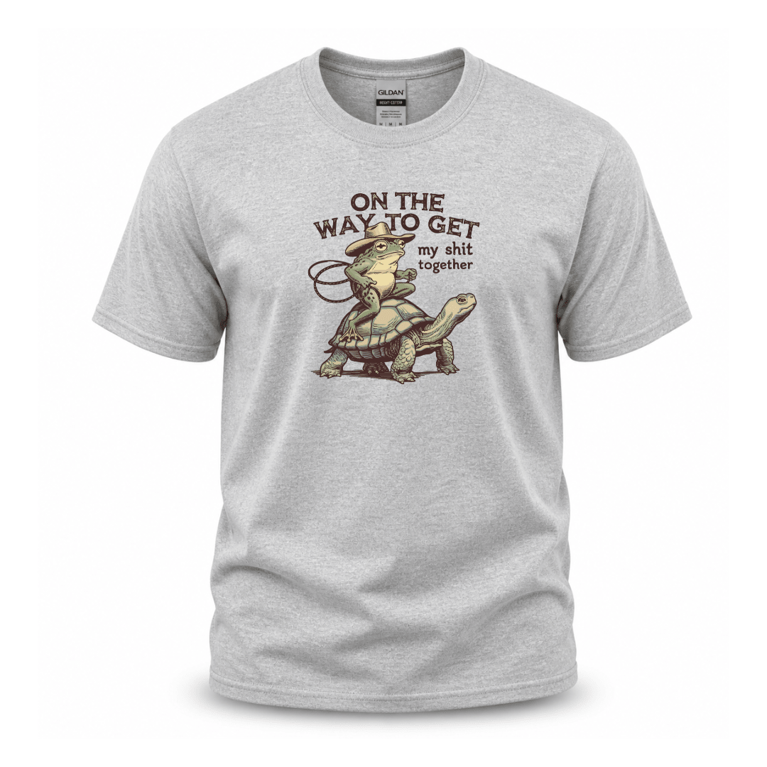 Grey vintage style graphic tee with turtle and frog artwork for men and women