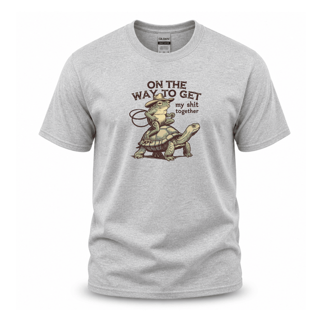 Grey vintage style graphic tee with turtle and frog artwork for men and women