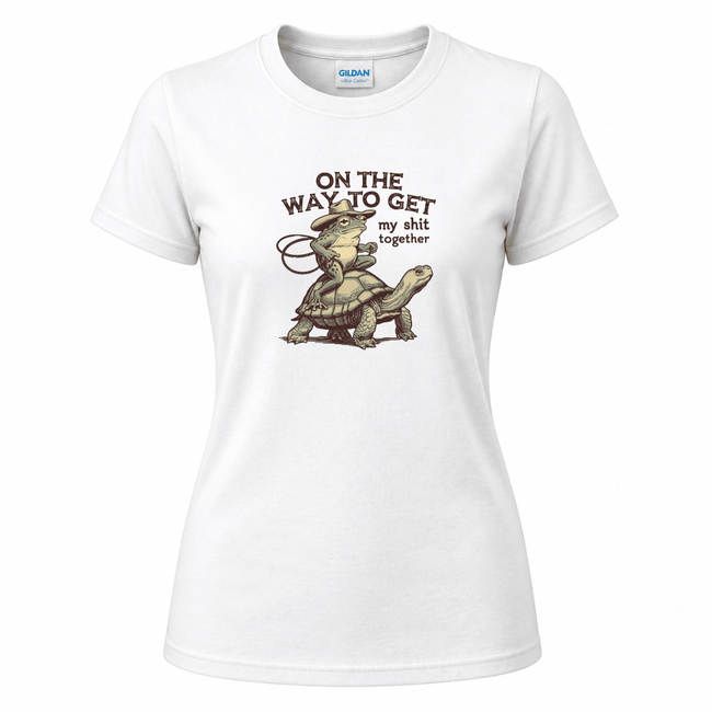 White funny animal shirt with retro frog cowboy illustration and humorous wording