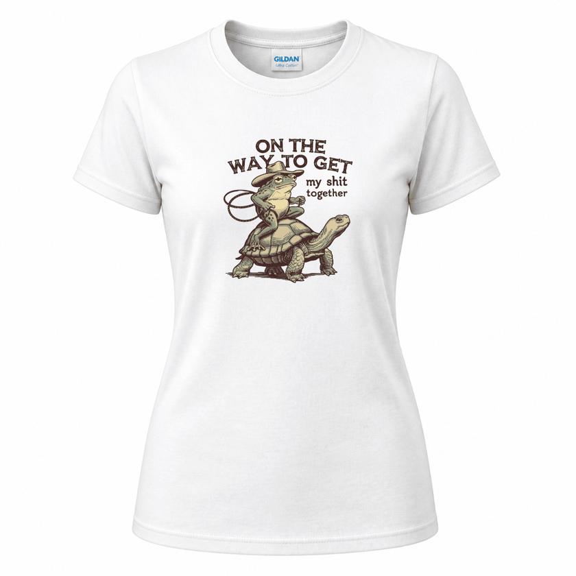 White funny animal shirt with retro frog cowboy illustration and humorous wording