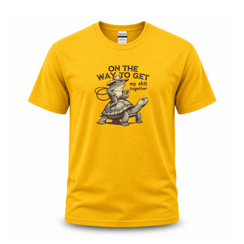 Yellow casual humor T shirt with western inspired frog and turtle graphic print