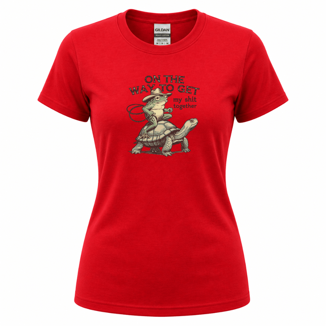 Red sarcastic statement shirt featuring funny frog riding turtle illustration
