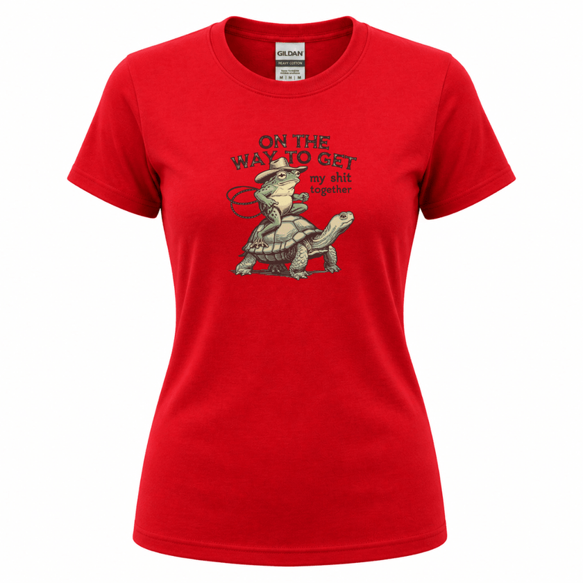 Red sarcastic statement shirt featuring funny frog riding turtle illustration