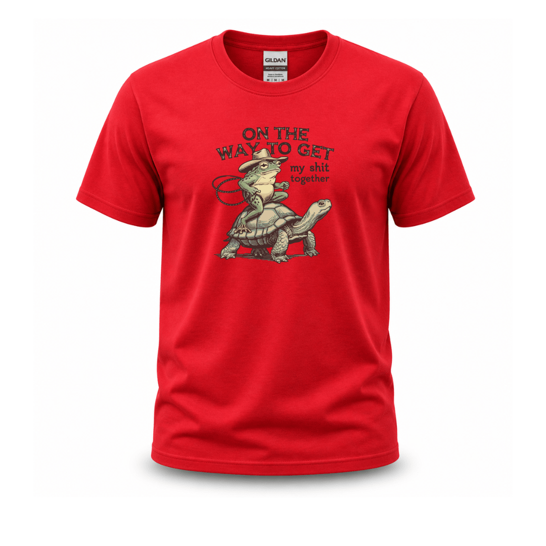 Casual novelty T shirt with humorous frog turtle artwork in vintage colors