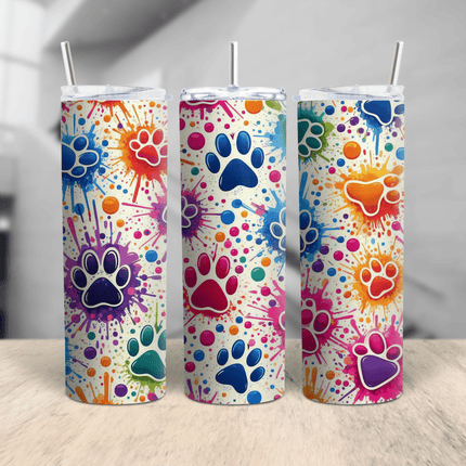 A vibrant stainless steel tumbler featuring colorful watercolor paw prints and splash design, available in 20oz and 30oz size