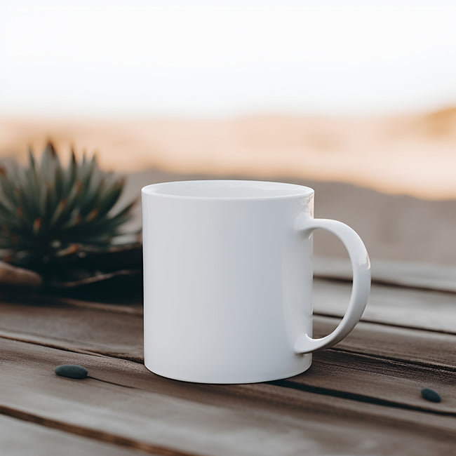 Customizable white ceramic mug with personalized text and logo design, perfect for coffee lovers, office gifts.