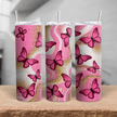 A pink stainless steel glitter tumbler featuring vibrant butterflies and a marble swirl background.