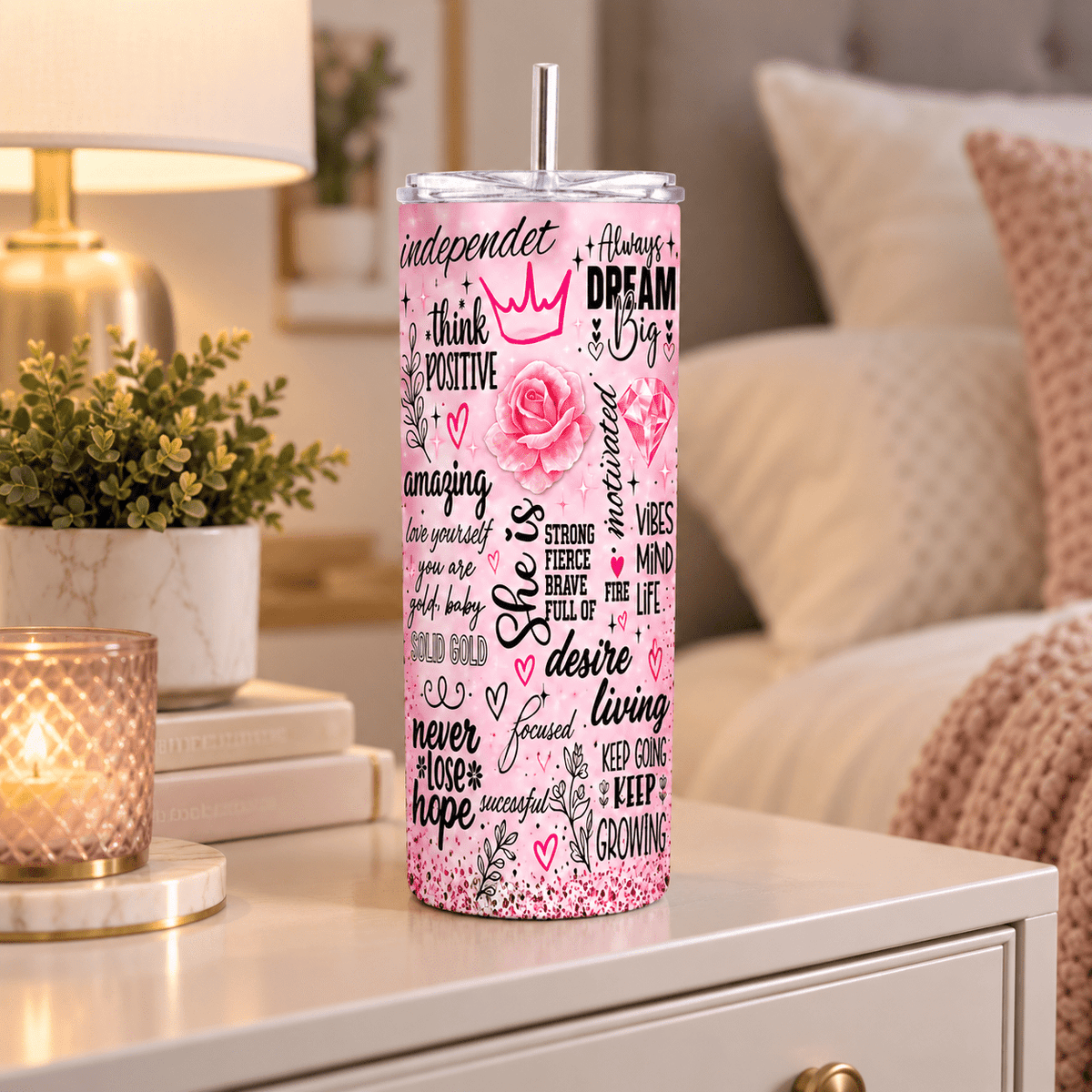 20oz or 30oz pink inspirational tumbler featuring Dream Big, Think Positive, Never Lose Hope and self love sayings