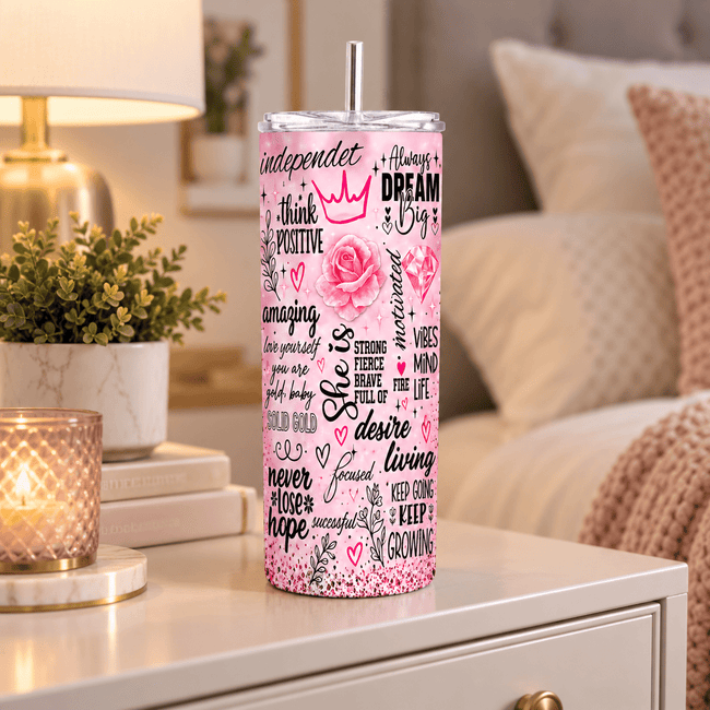 20oz or 30oz pink inspirational tumbler featuring Dream Big, Think Positive, Never Lose Hope and self love sayings