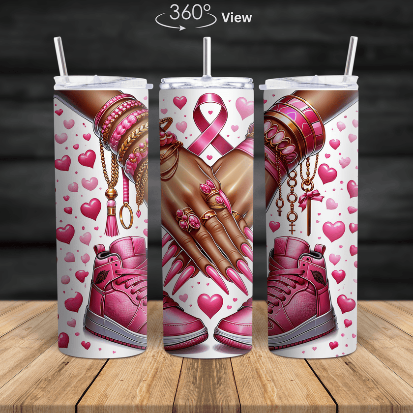 Breast cancer awareness tumbler featuring pink ribbon art, pink nails, gold jewelry, pink sneakers and hearts design.